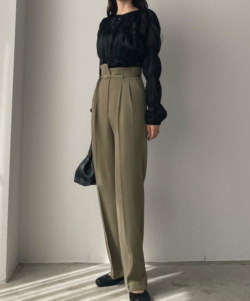 Louere スラックス パンツ ベルト付きアシンメトリーハイ