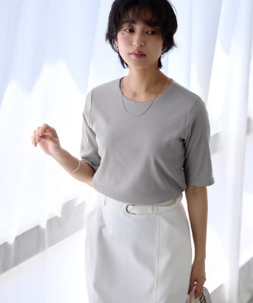 Pierrot（ピエロ） tシャツ クルーネック5分袖テレコリブカットソー