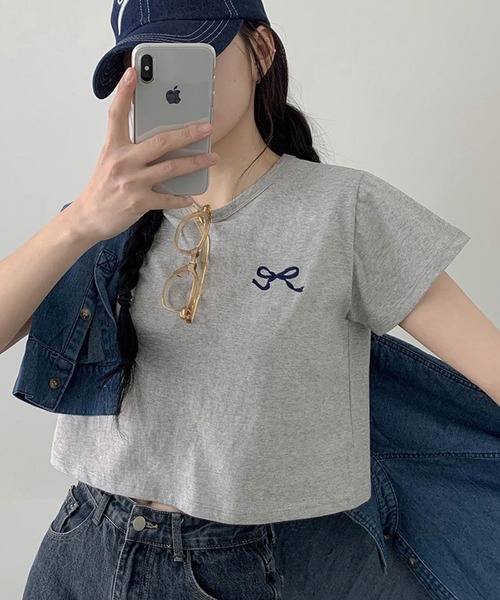 ULYSSES tシャツ リボン刺繍クロップドTシャツ レディース