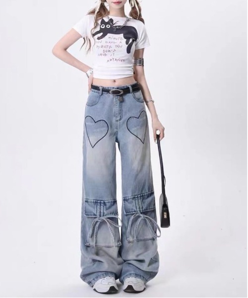 リボン ワイド デニム パンツ ストレート ハイウエスト ルーズ gossip!ロサンゼルス ジーンズ デニム デニムパンツ フェミニン