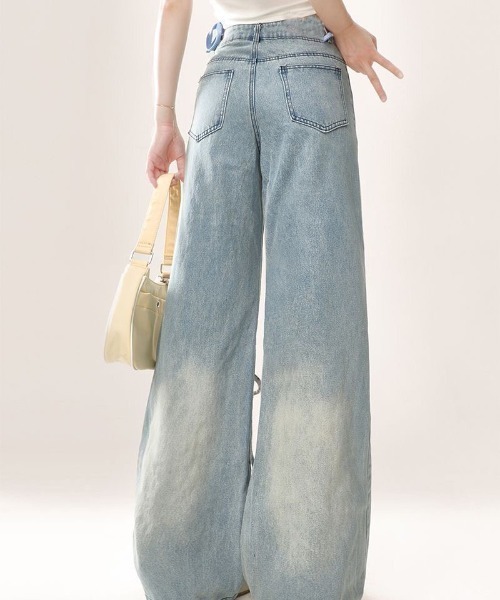リボン ワイド デニム パンツ ストレート ハイウエスト ルーズ gossip!ロサンゼルス ジーンズ デニム デニムパンツ フェミニン