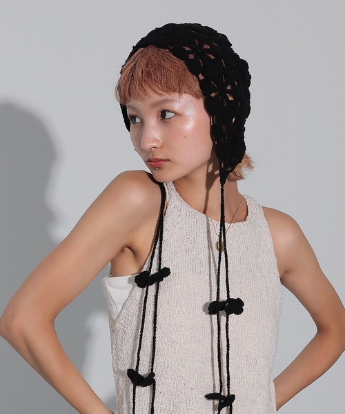 帽子 SIDE STRAP FLOWER KNIT CAP 帽子 ハット かぎ編み 花柄 サイドストラップ ニット キャップ