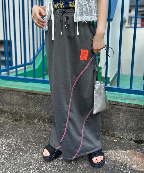 mi via loca スカート 配色ステッチ切替スウェットロングスカート