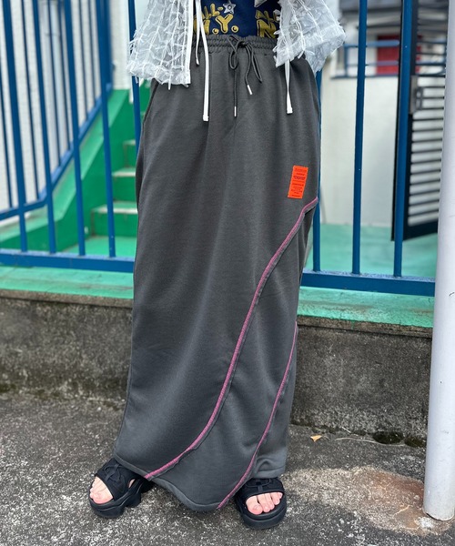 mi via loca スカート 配色ステッチ切替スウェットロングスカート