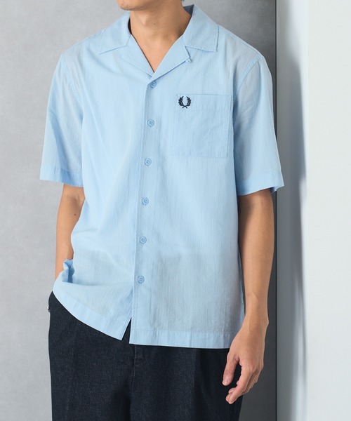 ◎状態良好【FRED PERRY】半袖シャツ/刺繍ロゴ/ライトブルー/M相当 FRED PERRY（フレッドペリー） tシャツ 「FRED PERRY」CREPE PIQUE T