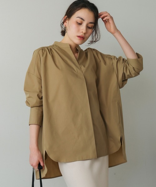 ブージュルード チュニック オーバーサイズシャツ ポンチョ トップス レディース フリーサイズ ベージュ×ブラック Boujeloud ブージュルード チュニック オーバーサイズシャツ ポンチョ