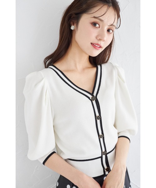 #anc トクコ TOKUKO1erVOL カーディガン 9 ベージュ 花モチーフ パワーネット アシンメトリー 羽織 レディース [916220] tocco closet カーディガン フラワー釦パワーショルダー配色