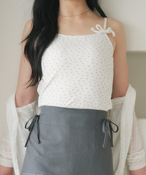 fupel アンサンブル flower pattern ribbon camisole + sheer tops set