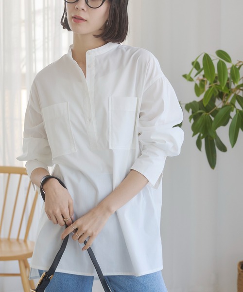 grove ホワイトチュニックシャツ Tiaclasse ブラウス シャツ バンドカラーシャツチュニックブラウス