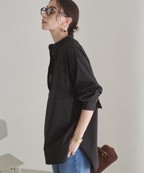 美品☆アドーア バンドカラー ロングブラウス プルオーバー チュニック 黒 美品☆アドーア バンドカラー ロングブラウス プルオーバー チュニック