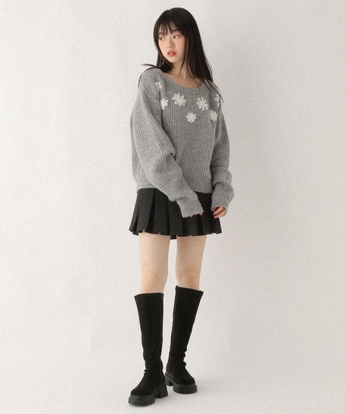 S*様 美品☆ローヘン lohen パワーショルダーニット　フリーサイズ Heather（ヘザー） ニット セーター フラワーモチーフニット 612876