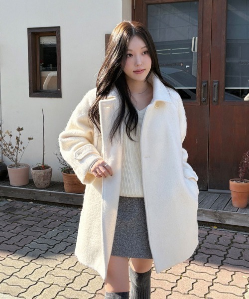 Aelina ステンカラーコート コート 襟付きミドル丈メルトンコート 