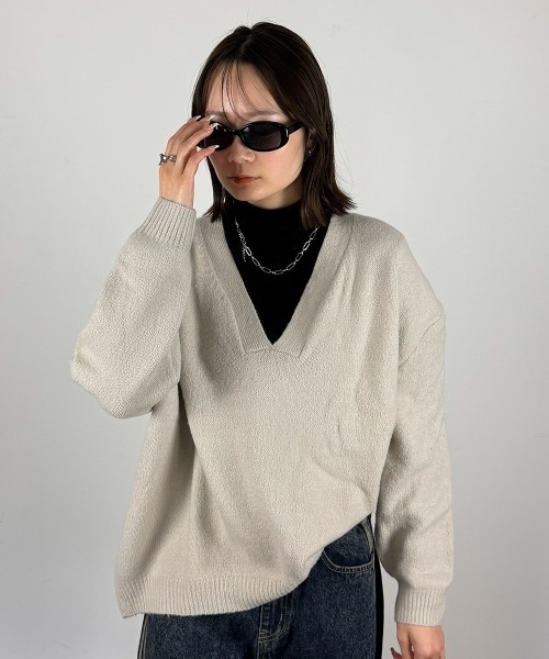 mellomela. ニット セーター ディープVネック 長袖ニットセーター