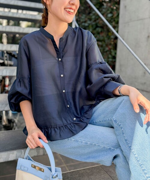 フリル使いノーカラーブラウス NOLLEY'S（ノーリーズ） ブラウス シャツ ウォッシャブルシアー裾