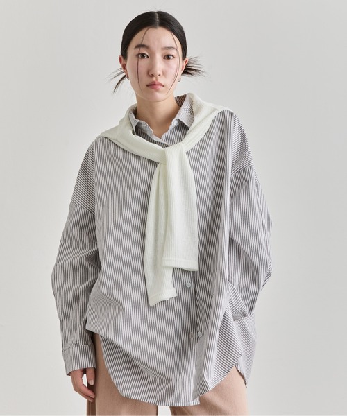 【未使用近】シクラス ストライプ ブラウス 36 グレー 白　ノーカラー NUJOH ブラウス シャツ Oversized Stripe Shirt / オーバーサイズ