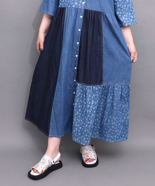 iS ScoLar（イズスカラー） シャツワンピース 562252：配色×花柄パッチ