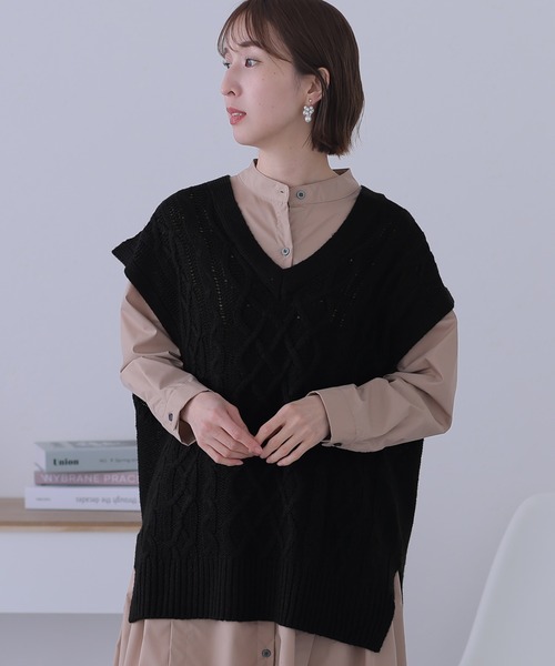 ベスト ジレ ケーブル編みVネックベスト レディース ElegChic ベスト ジレ ケーブル編みVネックベスト レディース