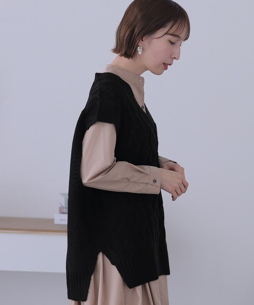 ElegChic ベスト ジレ ケーブル編みVネックベスト レディース