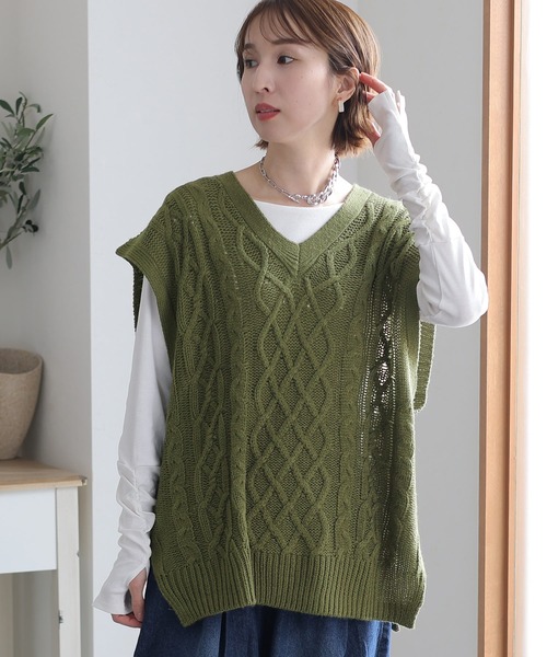 ベスト ジレ ケーブル編みVネックベスト レディース ElegChic ベスト ジレ ケーブル編みVネックベスト レディース