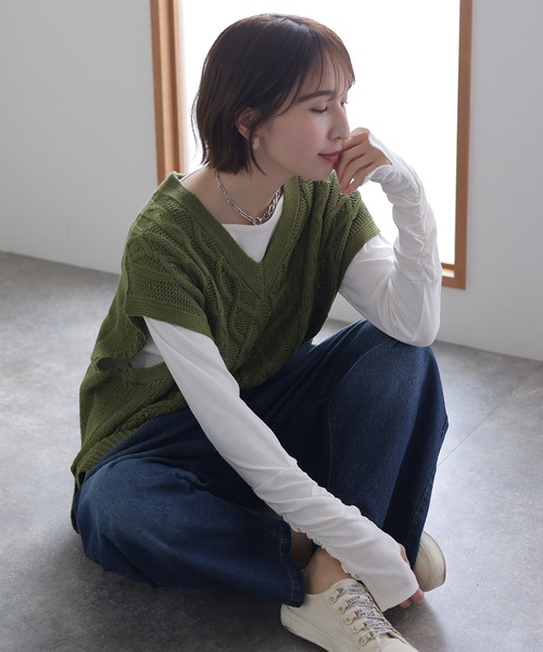 ベスト ジレ ケーブル編みVネックベスト レディース ElegChic ベスト ジレ ケーブル編みVネックベスト レディース
