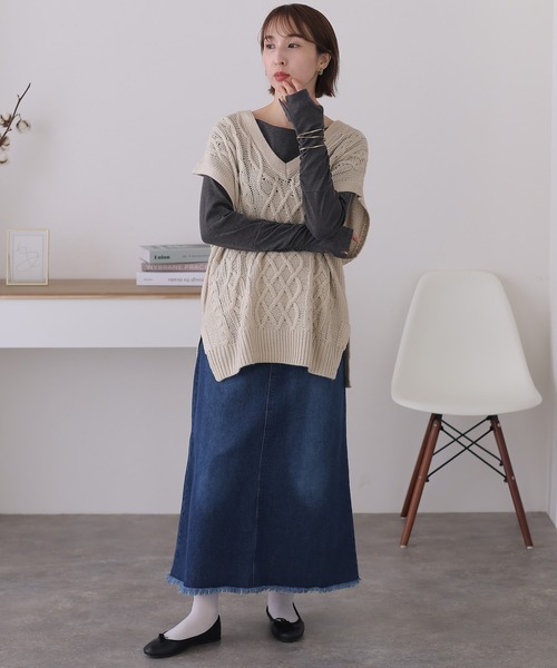 ElegChic ベスト ジレ ケーブル編みVネックベスト レディース