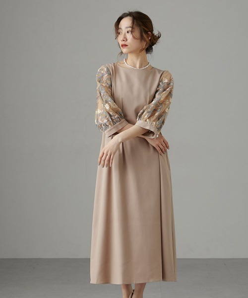 【結婚式パーティドレス】袖チュールレース/ウエストタックデザインワンピースドレス Jolie et ドレス 「結婚式・パーティードレス」袖チュールレース