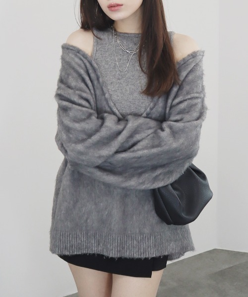 ニット セーター レイヤードライクオフショルダーニット／llayered like off shoulder knit 重ね着 長袖 タンクトップ 大