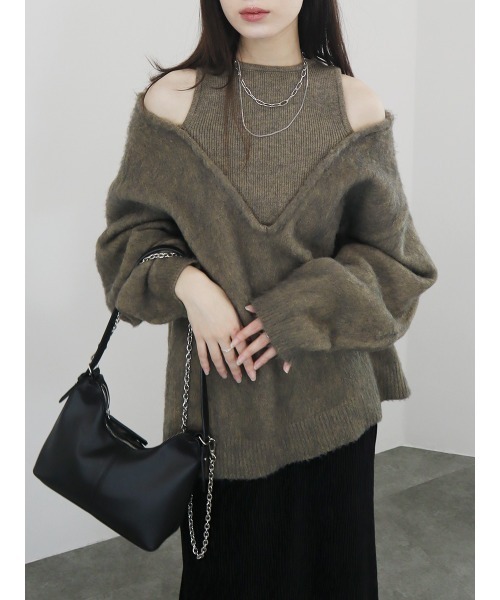 ニット セーター レイヤードライクオフショルダーニット／llayered like off shoulder knit 重ね着 長袖 タンクトップ 大 Reurie' ニット セーター レイヤードライクオフショルダーニット