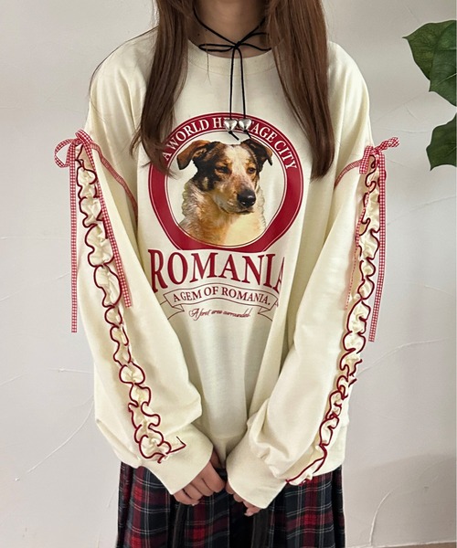 kutir（クティール） トレーナー スウェット dogチェックリボンフリル