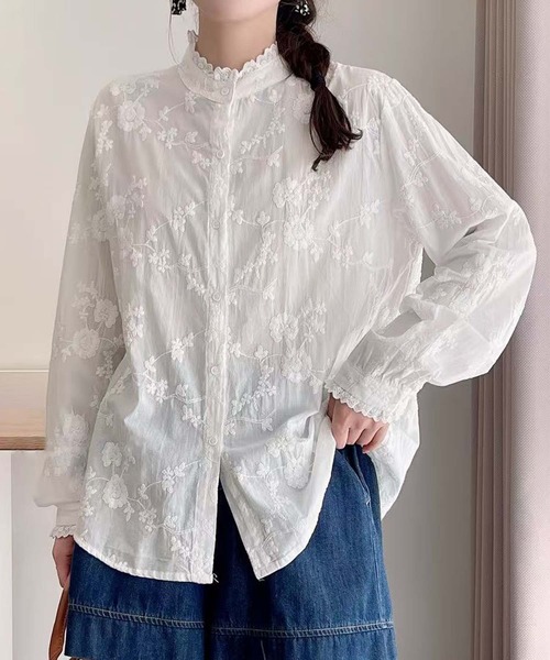 aimoha（アイモハ） ブラウス シャツ 花柄刺繍フリル襟シャツブラウス