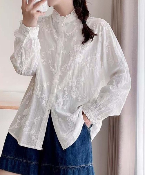 aimoha（アイモハ） ブラウス シャツ 花柄刺繍フリル襟シャツブラウス