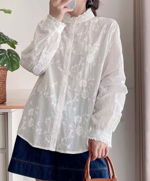 aimoha（アイモハ） ブラウス シャツ 花柄刺繍フリル襟シャツブラウス