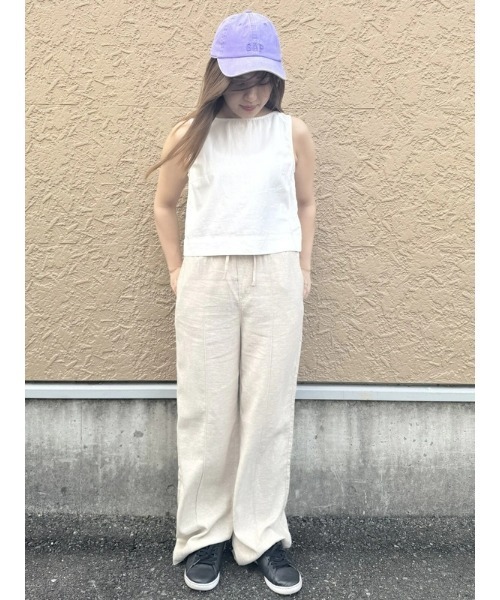 GAP パンツ ミッドライズ リネンブレンド プルオンワイドパンツ