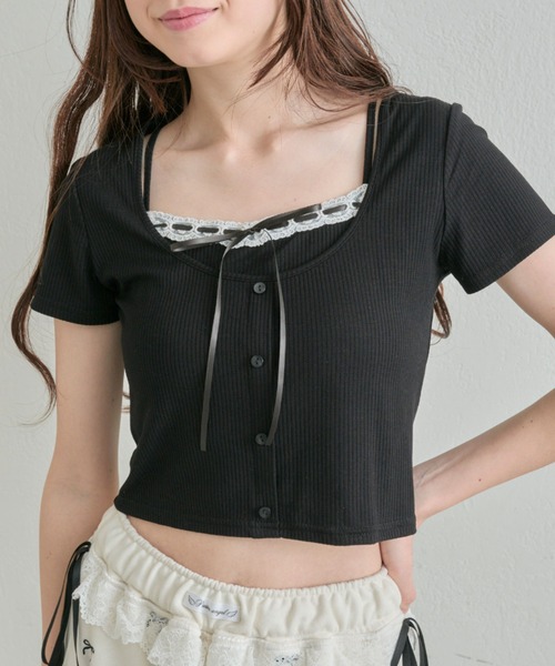 tシャツ フリルリボンネックフェイクレイヤードトップス レディース フェイクレイヤード Tシャツ ホルターネック プリーツフリル