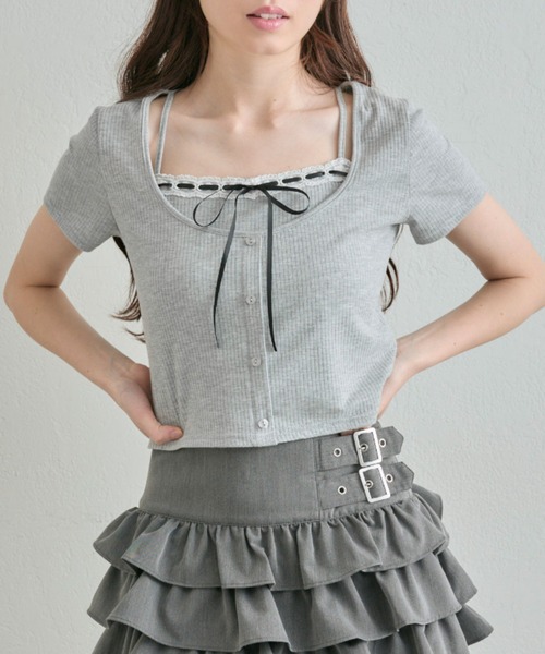 OLIVE des tシャツ レースリボンレイヤードトップス レディース