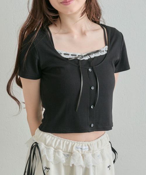 tシャツ リボンレイヤードカットトップス レディース LADY LIKE tシャツ 「春夏新作」胸リボンレイヤード風半袖