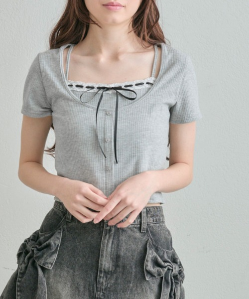 OLIVE des tシャツ レースリボンレイヤードトップス レディース