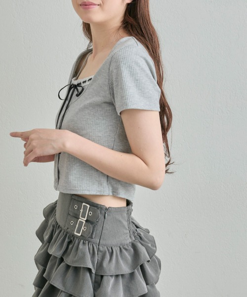 tシャツ レイヤードリボンカットTOP レディース OLIVE des tシャツ レースリボンレイヤードトップス レディース