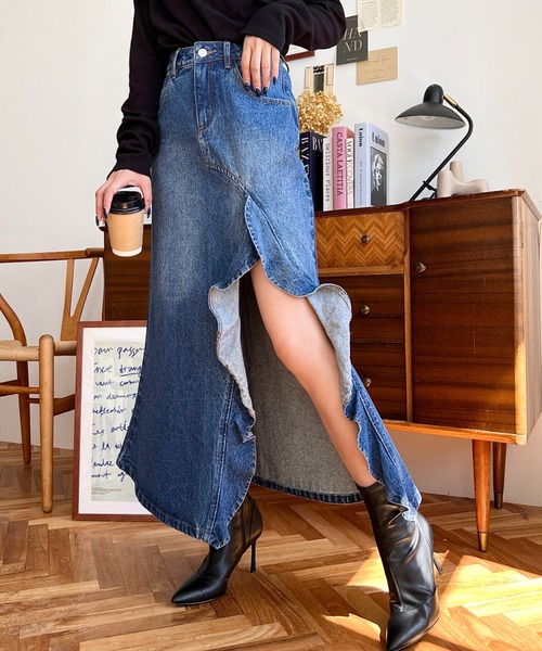 【ワイズ】ロングスカート　アシンメトリー プリーツ　デニム　インディゴ 1 ワイズ】ロングスカート アシンメトリー プリーツ デニム インディゴ 1