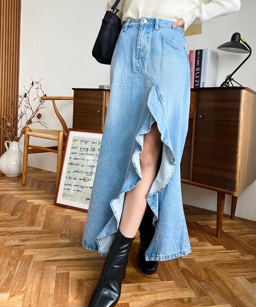 デニムスカート アシメフリルロングデニムスカート : ZOZOTOWN Yahoo