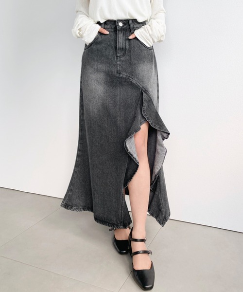 デニムスカート アシメフリルロングデニムスカート : ZOZOTOWN Yahoo