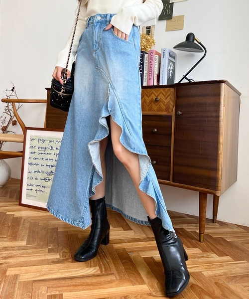 ★ヒッコリー＆デニム MIXアシメ リメイク ダメージフリル サスペ スカート★ ☆ヒッコリー＆デニム MIXアシメ リメイク ダメージフリル サスペ