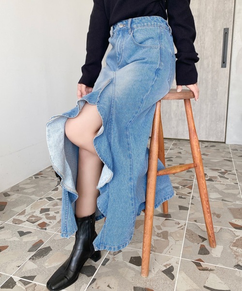 デニムスカート アシメフリルロングデニムスカート : ZOZOTOWN Yahoo