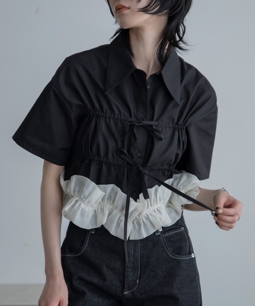 専用eimyフリルドッキングTシャツ  黒♡ 異素材フリルドッキングTシャツ - トップス通販 | 人気レディース