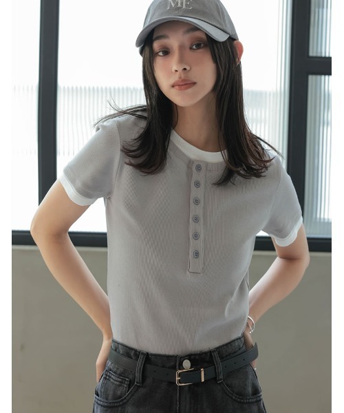 Re:EDIT（リエディ） ヘンリーネック tシャツ 半袖 配色ヘンリーネック