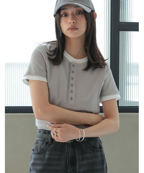 Re:EDIT（リエディ） tシャツ 配色ヘンリーネックレイヤード風半袖