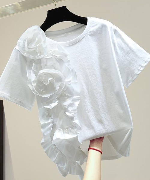 tシャツ 3Dフラワーモチーフ半袖カットソー レディース