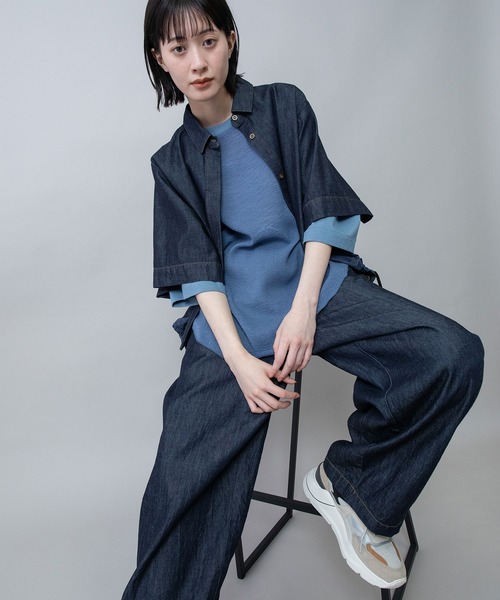 Dignite Collier 袖リブシアーデニムスナップボタン付シャツ デニム