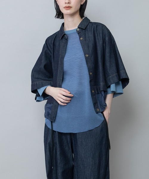 ミューニック 未使用 日本製 長袖 デニム チュニック OS ブルー系 Munich タグ付き レディース Munich（ミューニック） ブラウス シャツ 6ozスラブデニム×シアー