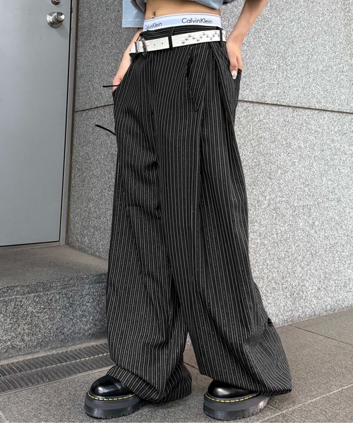 スラックス パンツ サイドタックラメスラックス レディース メンズ